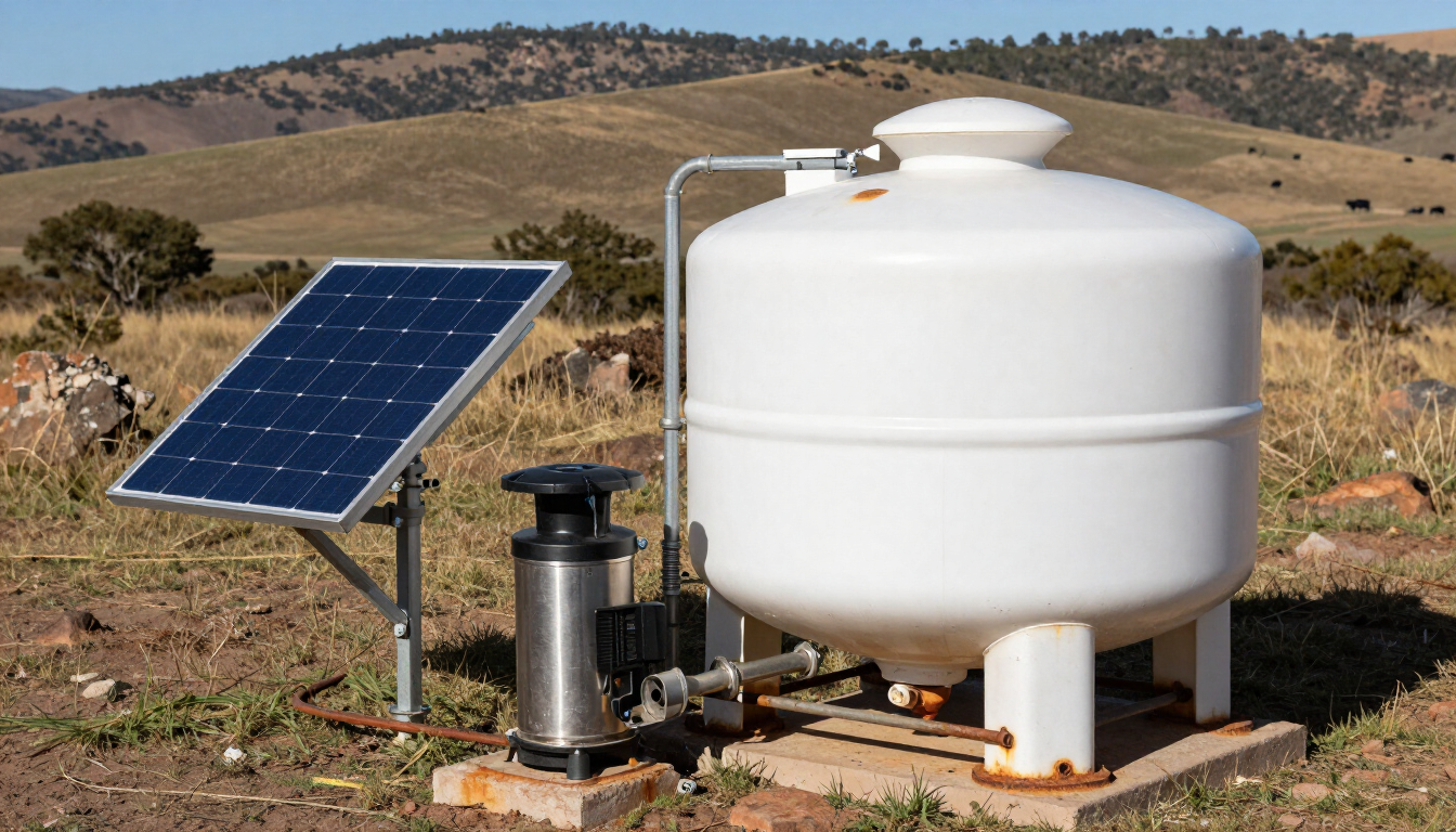 Instalación de paneles solares y depósito de agua blanca en un paisaje rural árido.