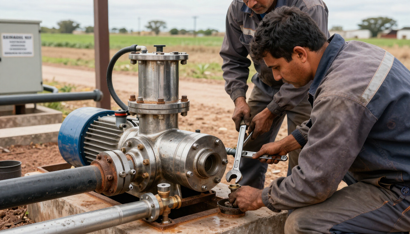 Dos trabajadores reparando una bomba industrial de metal junto a un campo fangoso.