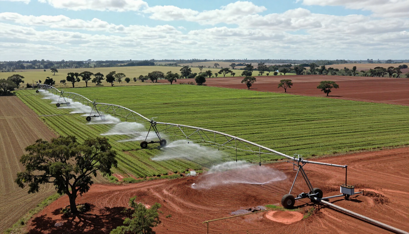 Aspersores regando campos de cultivo verdes y marrones bajo un cielo nublado.