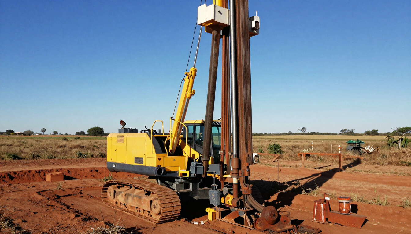 Plataforma de perforación amarilla en un sitio de construcción de tierra con un mástil vertical alto bajo un cielo azul despejado.