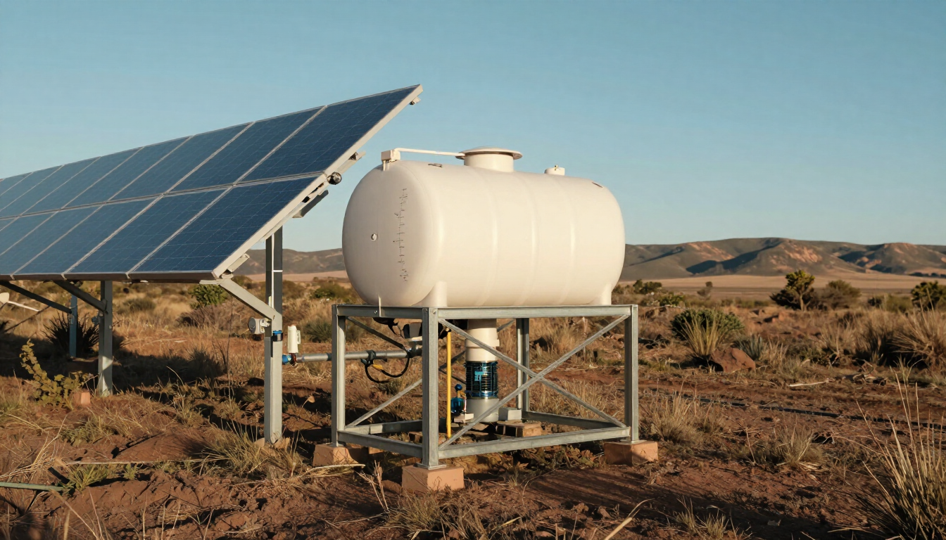 Paneles solares y un depósito de agua blanco sobre una estructura metálica en un paisaje rural y árido.