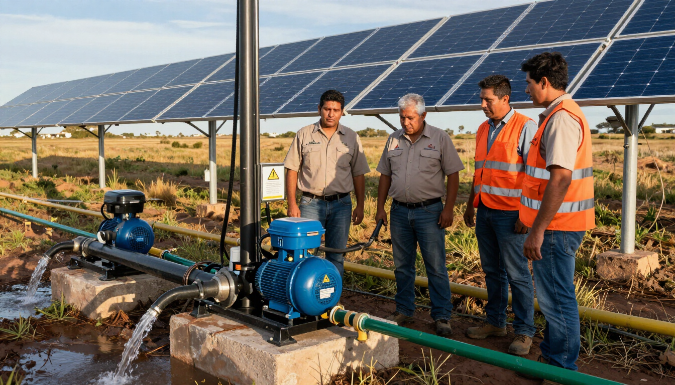 En un campo, los trabajadores inspeccionan las bombas de riego situadas junto a paneles solares, con tuberías y equipos de color verde.