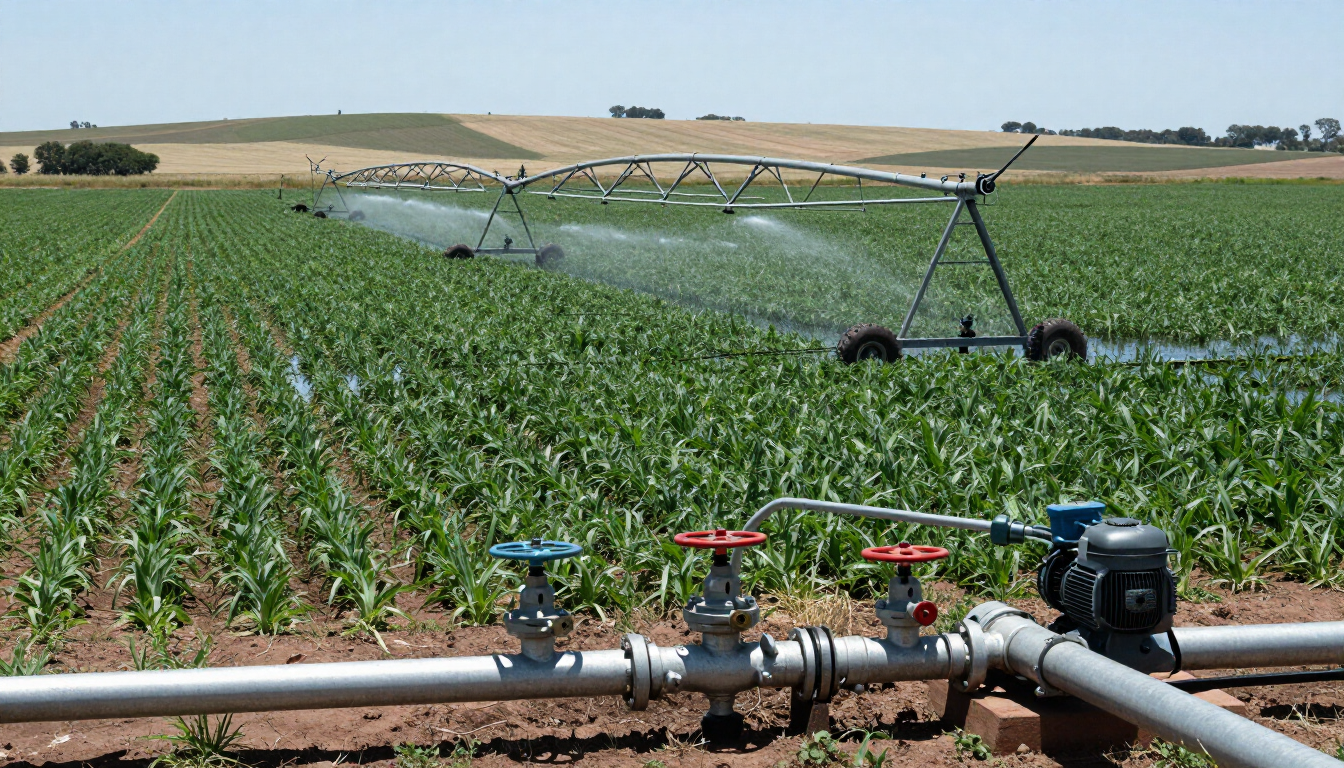 Campo de cultivo irrigado con aspersores rociando agua bajo un cielo despejado.