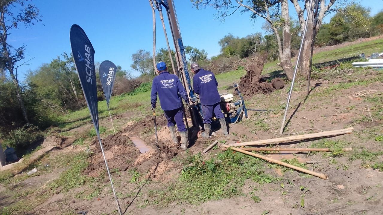 Trabajadores con camisas azules limpian escombros en una soleada ladera de tierra con árboles y pancartas.