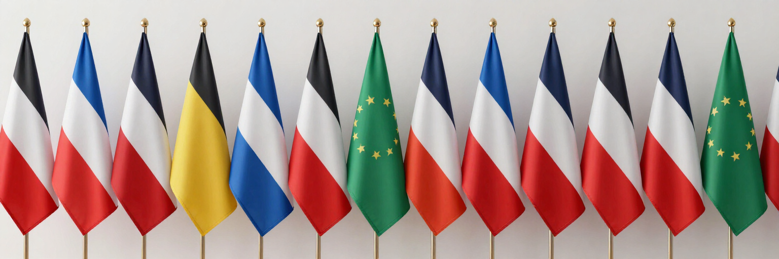 Hilera de banderas francesas y rusas alternadas con banderas verdes al estilo de la ONU en los extremos.