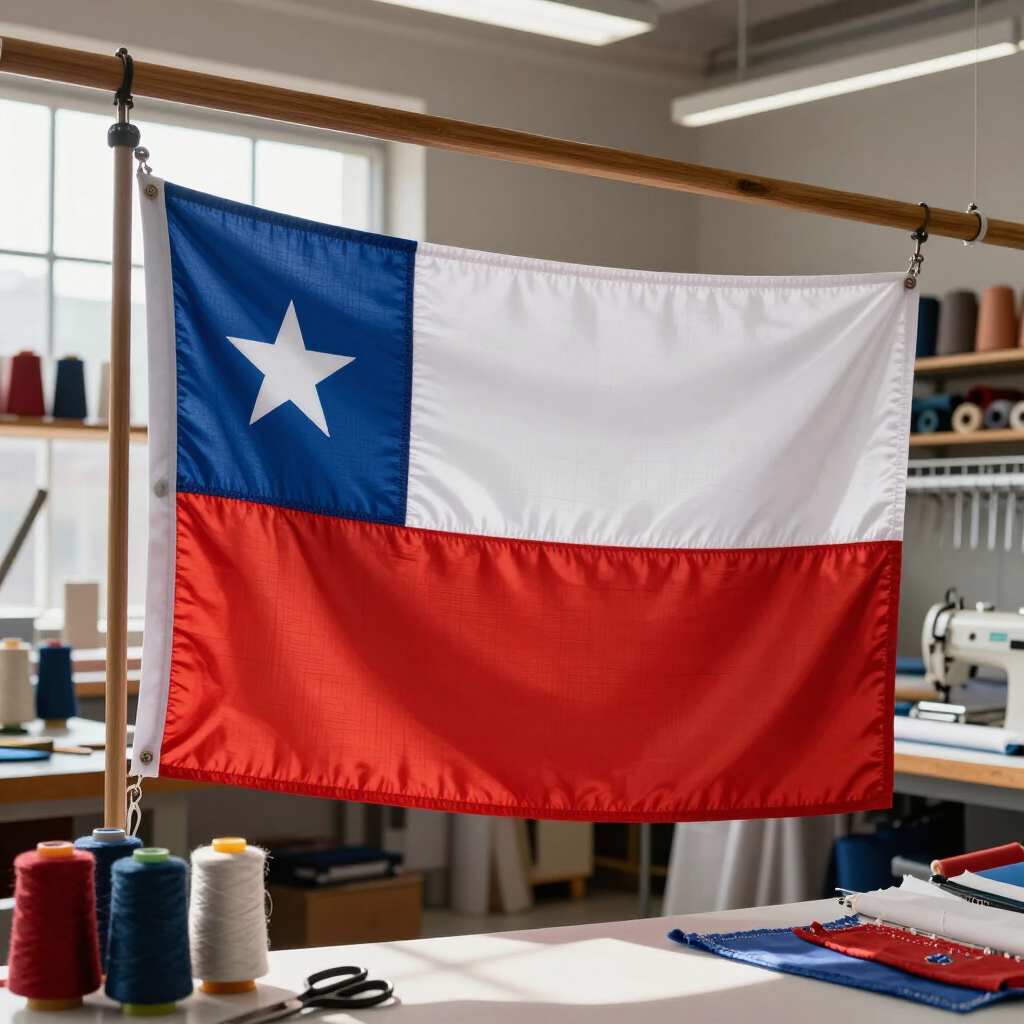 Bandera del estado de Texas colgada en un taller de costura, con carretes de tela y una máquina de coser al fondo.