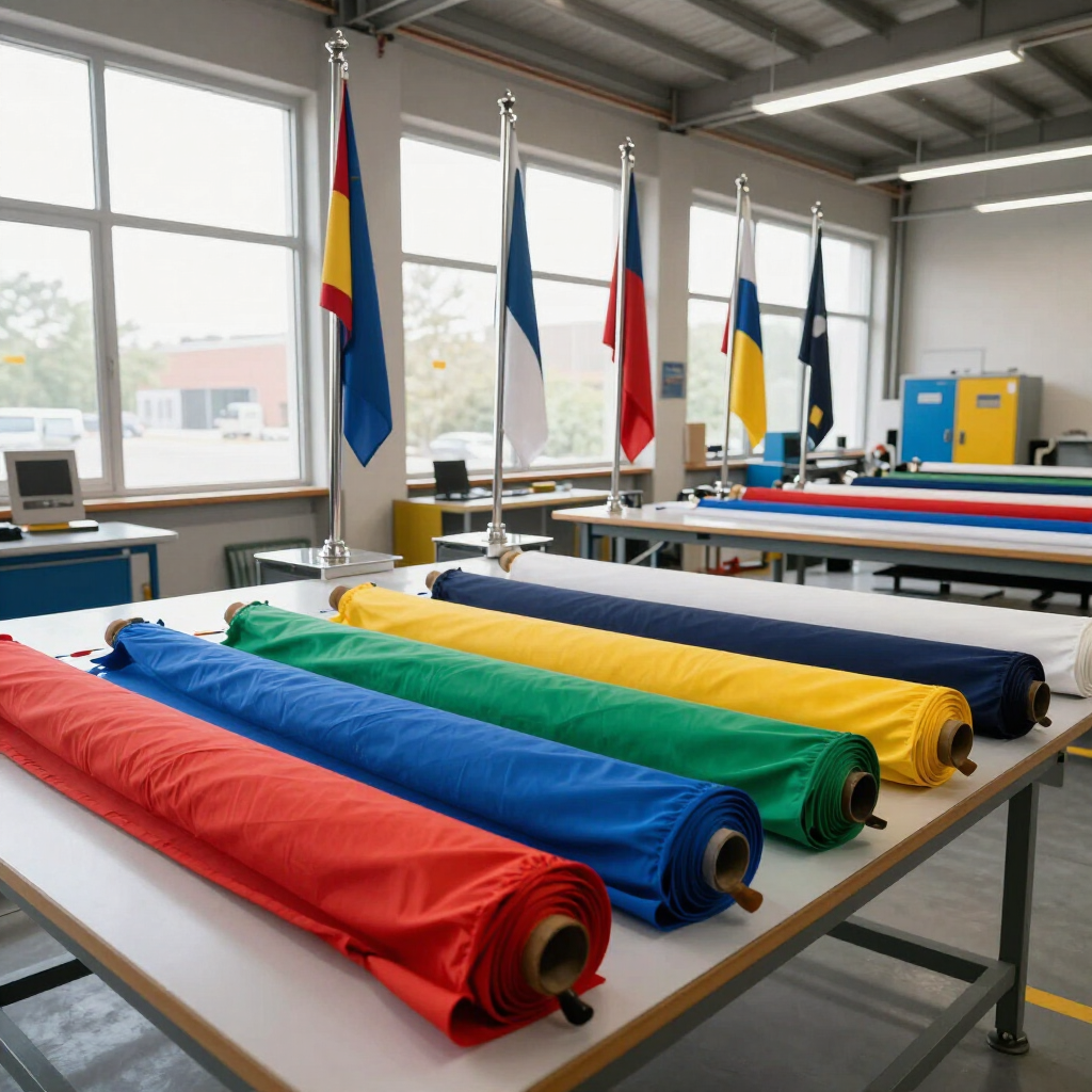 Rollos de tela de colores enrollados sobre mesas en un luminoso taller textil con banderas al fondo.