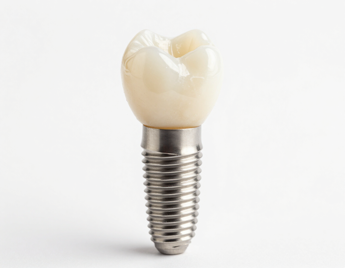 Dental implant model showing titanium post and crown