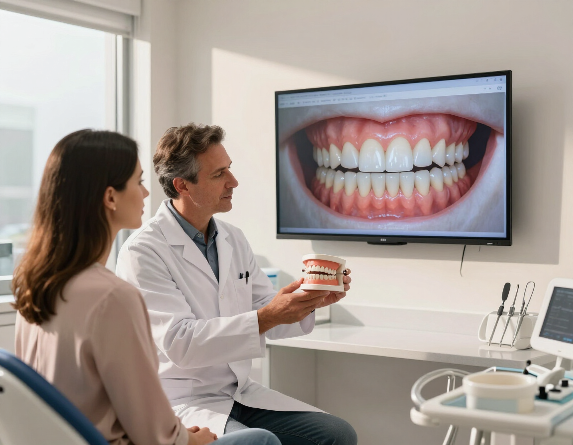 Dentist and patient reviewing dental bridge treatment options