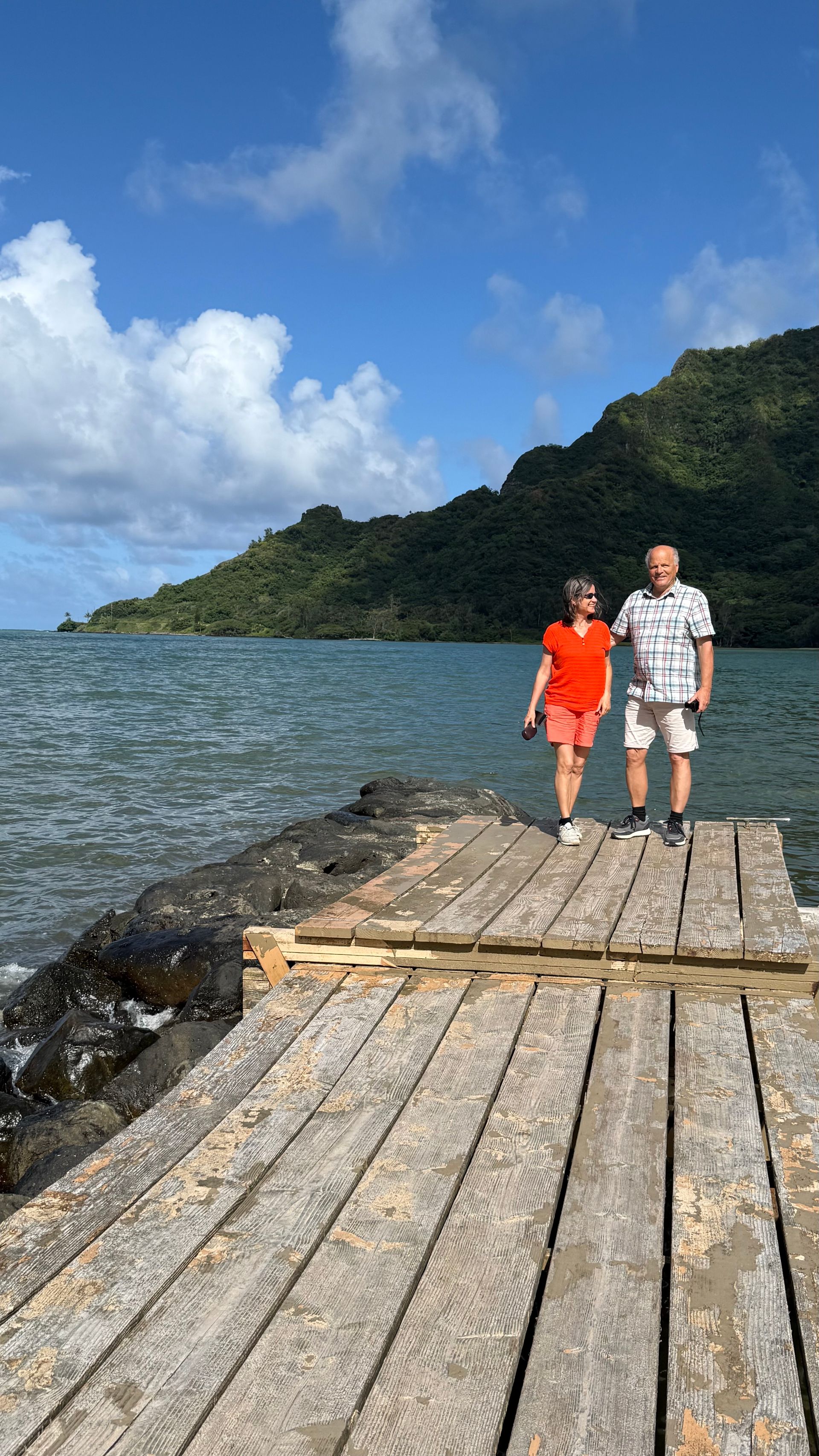 Couple on wooden pier by ocean, mountain backdrop, blue sky.