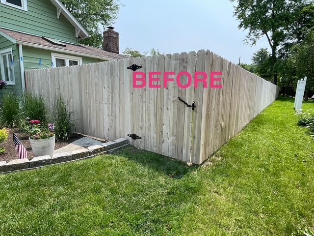 A before and after photo of a wooden fence in a backyard.