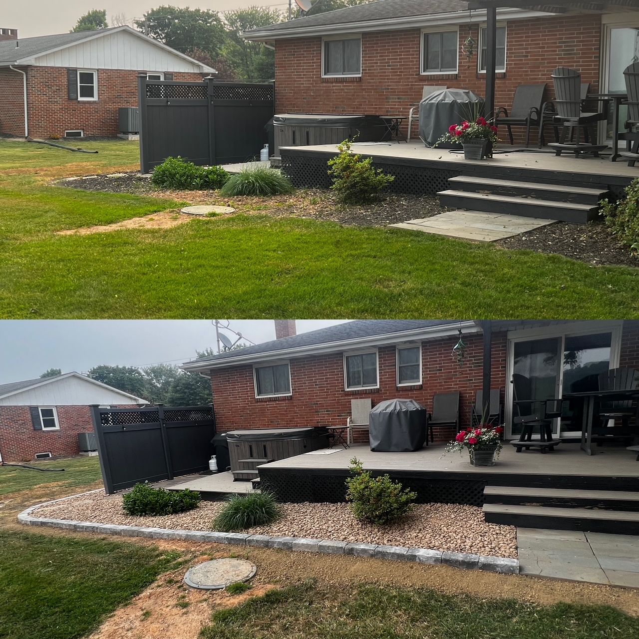 Before-and-after view of a brick backyard patio with new stone edging and updated landscaping.