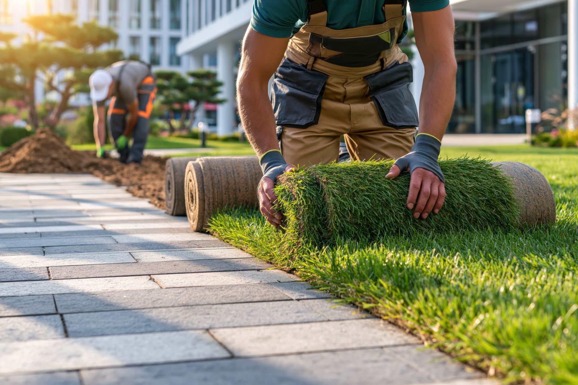 A landscaper is installing sod rolls along a paver walkway at a commercial property.