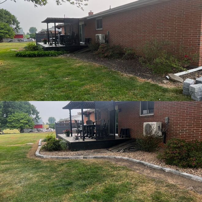Side-by-side lawn and patio views beside a brick building, with a stone border and covered deck.