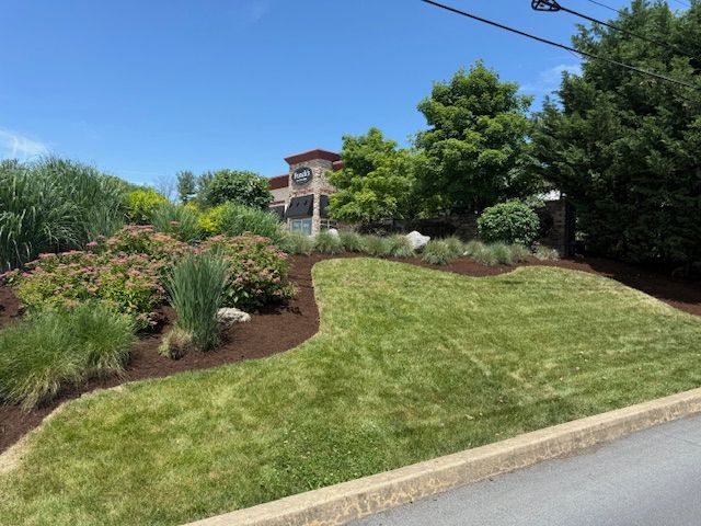 Landscaped roadside with manicured lawn, shrubs, trees, and a house under a blue sky