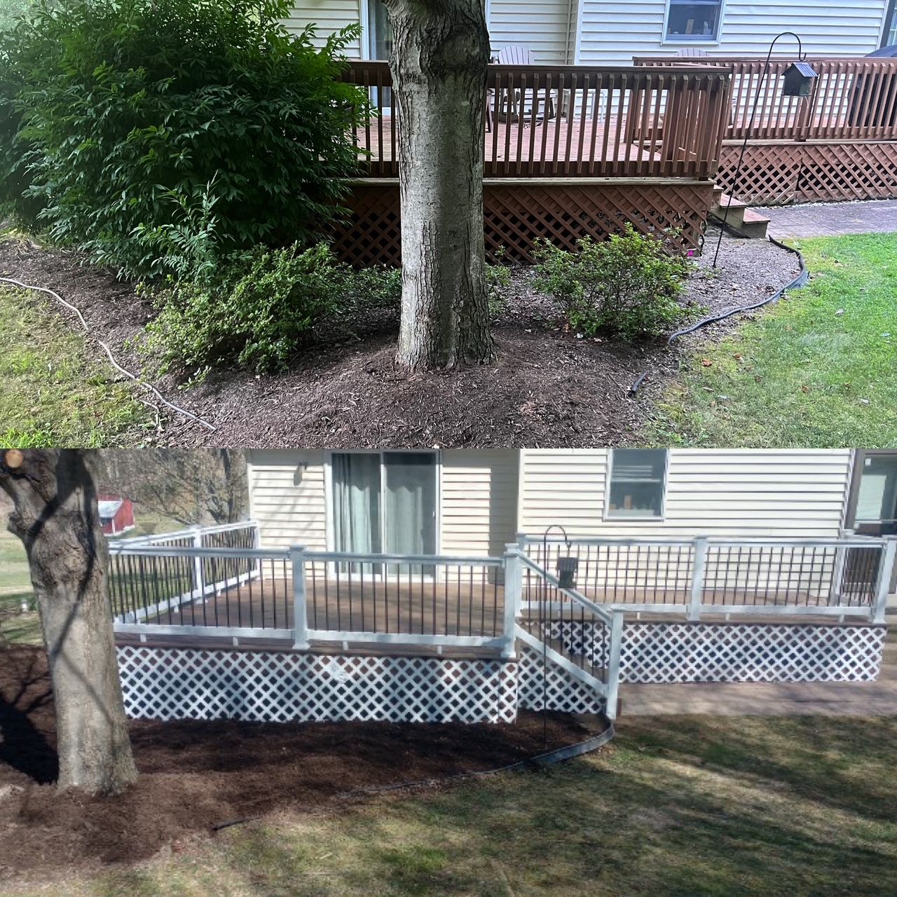Two views of a backyard deck with white railing, lattice skirt, and a tree in the foreground.