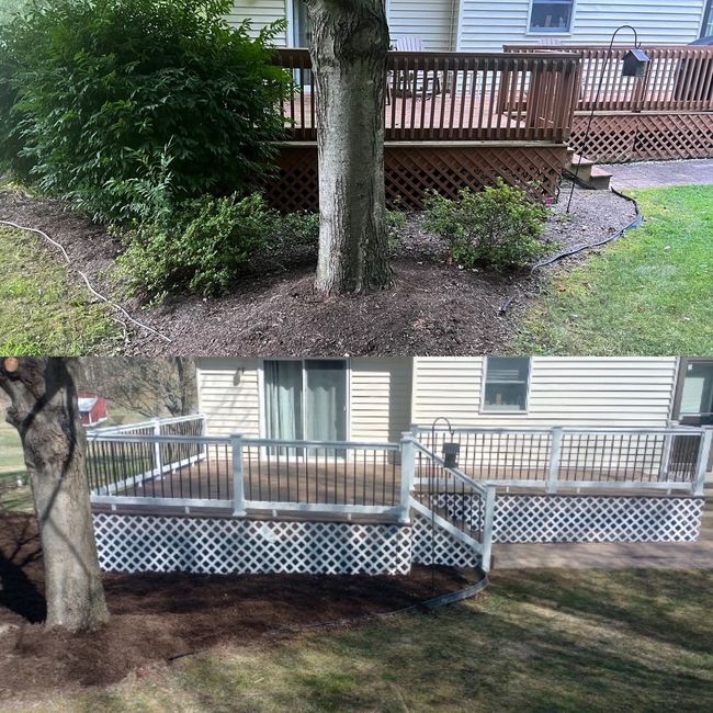 Two views of a backyard deck with white railing, lattice skirt, and a tree in the foreground.