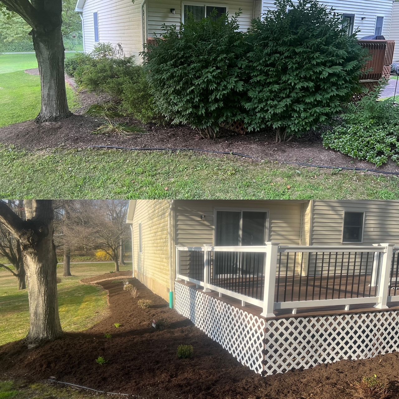 Before and after of a house side yard: overgrown shrubbery replaced by a small porch with white railing and lattice.