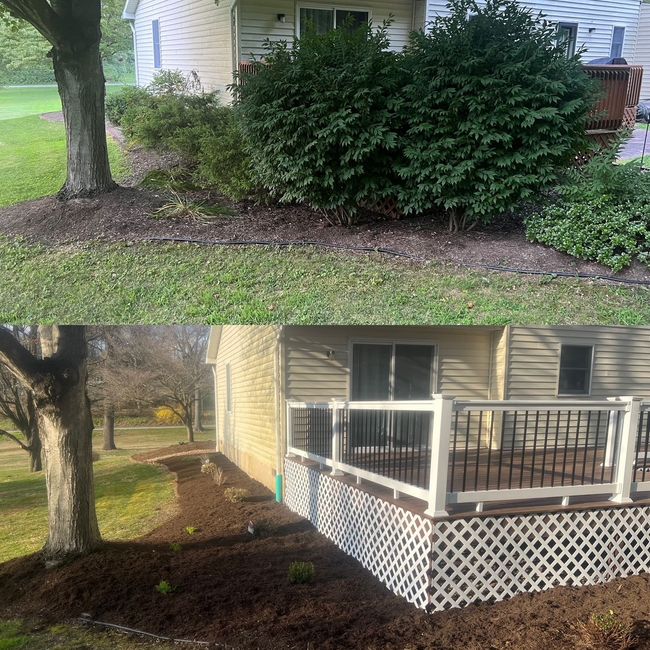 Before and after of a house side yard: overgrown shrubbery replaced by a small porch with white railing and lattice.