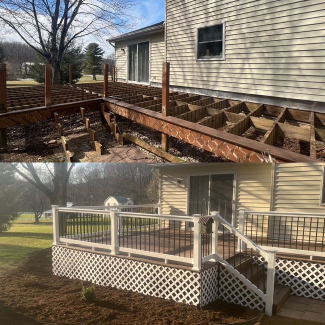 Two views of a house deck: weathered wooden railings above and a white lattice porch below.