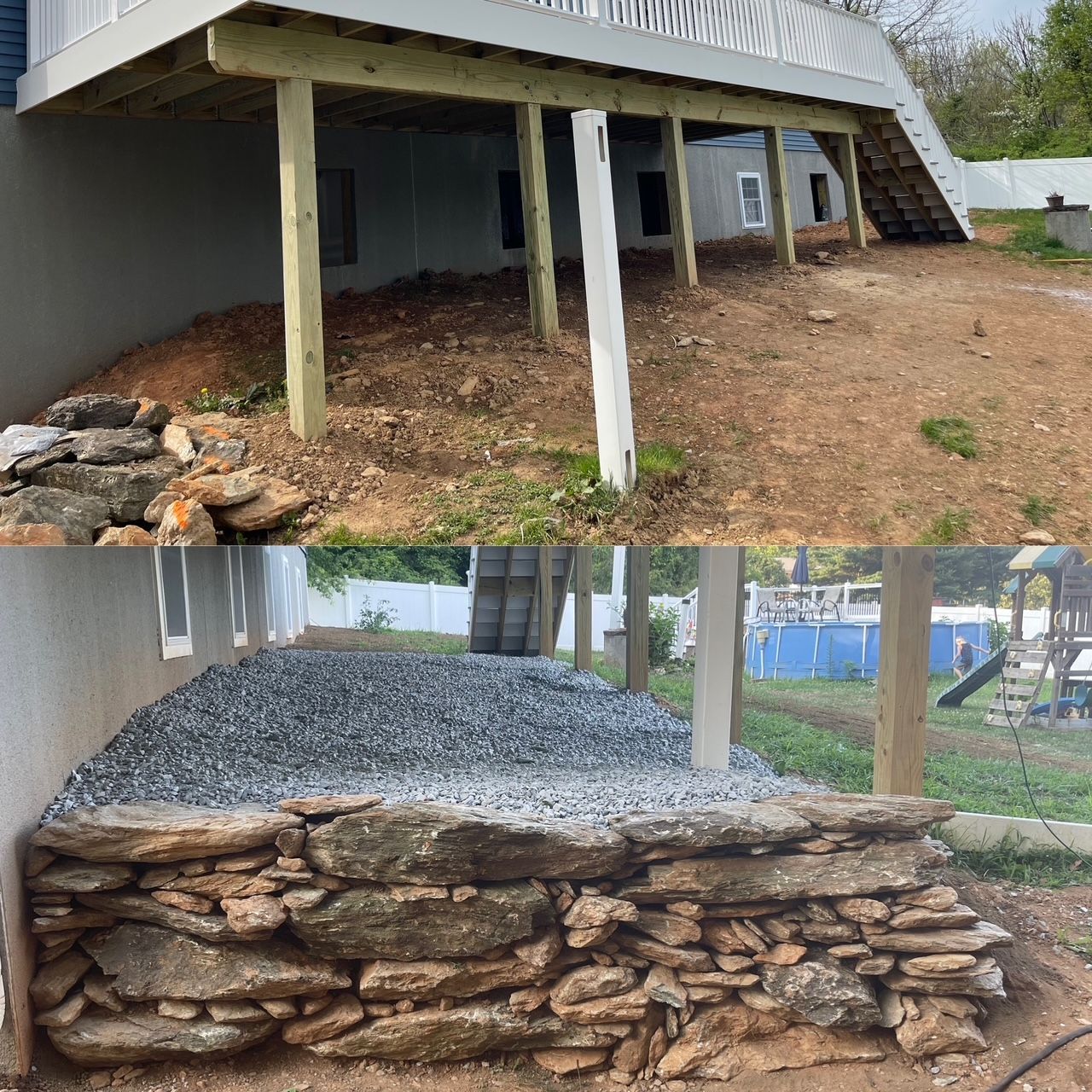 Under-house area with stone retaining wall and gravel bed supporting a raised deck on posts