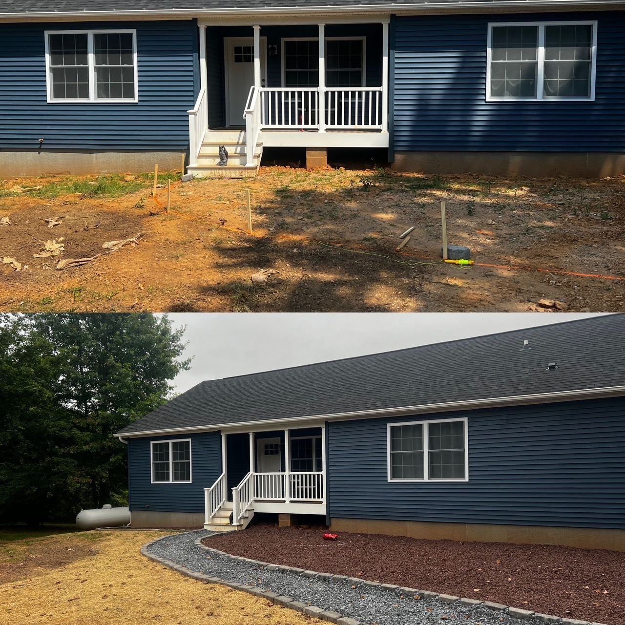 Under-deck crawlspace with concrete posts, gravel, and stacked stone retaining wall.
