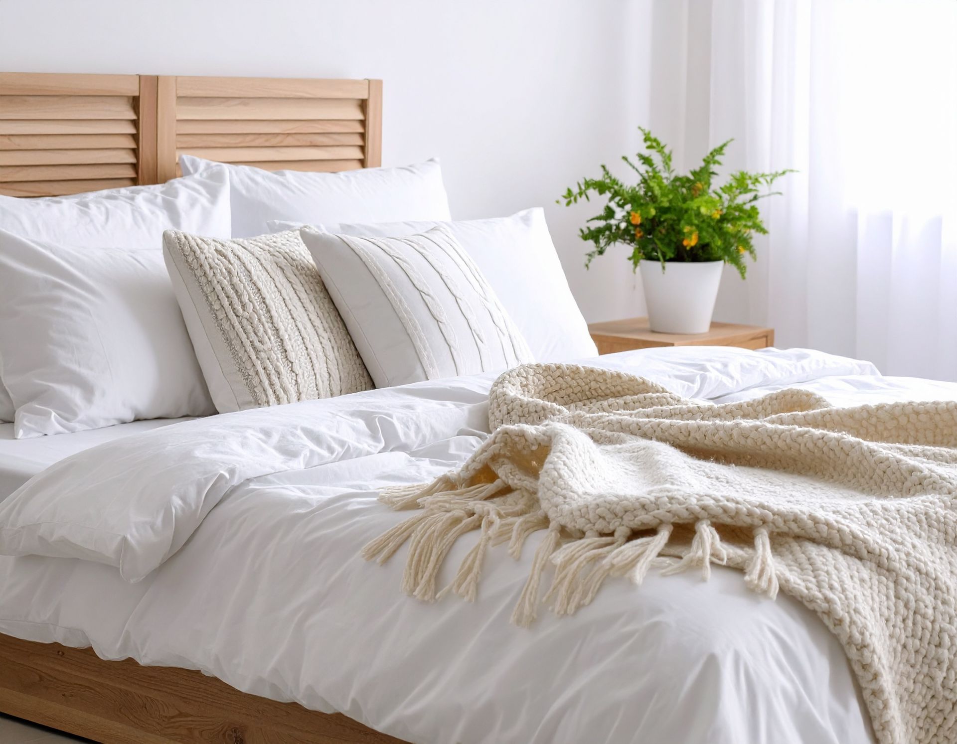 A bright bedroom with a white bed, beige throw, and pillows. A potted plant sits on the nightstand.