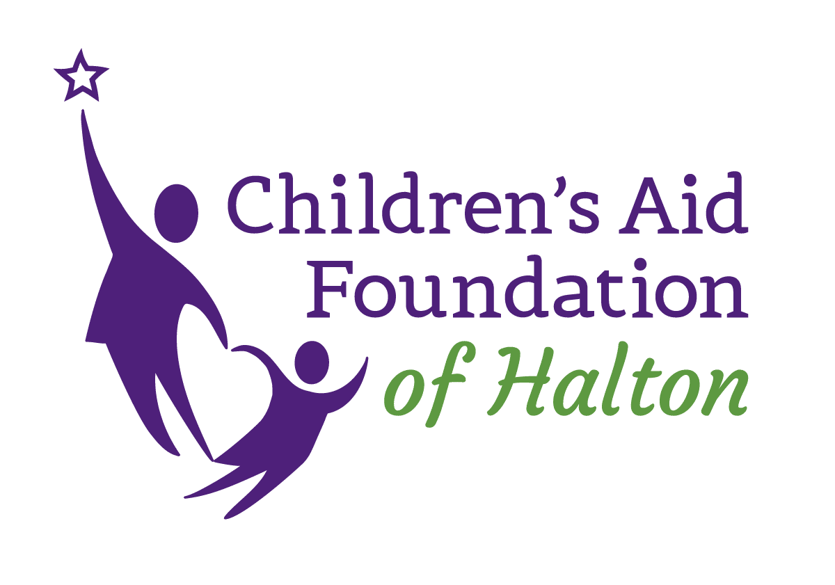 The children 's aid foundation of halton logo is purple and green.