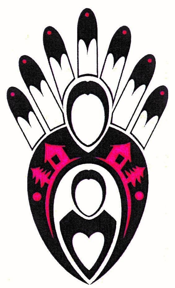A black and pink drawing of a heart with feathers on it.