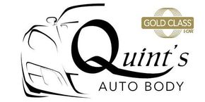 Logo for Quint's Auto Body, featuring a car outline, the word "Quint's," and "Auto Body." Gold Class I-CAR logo present.