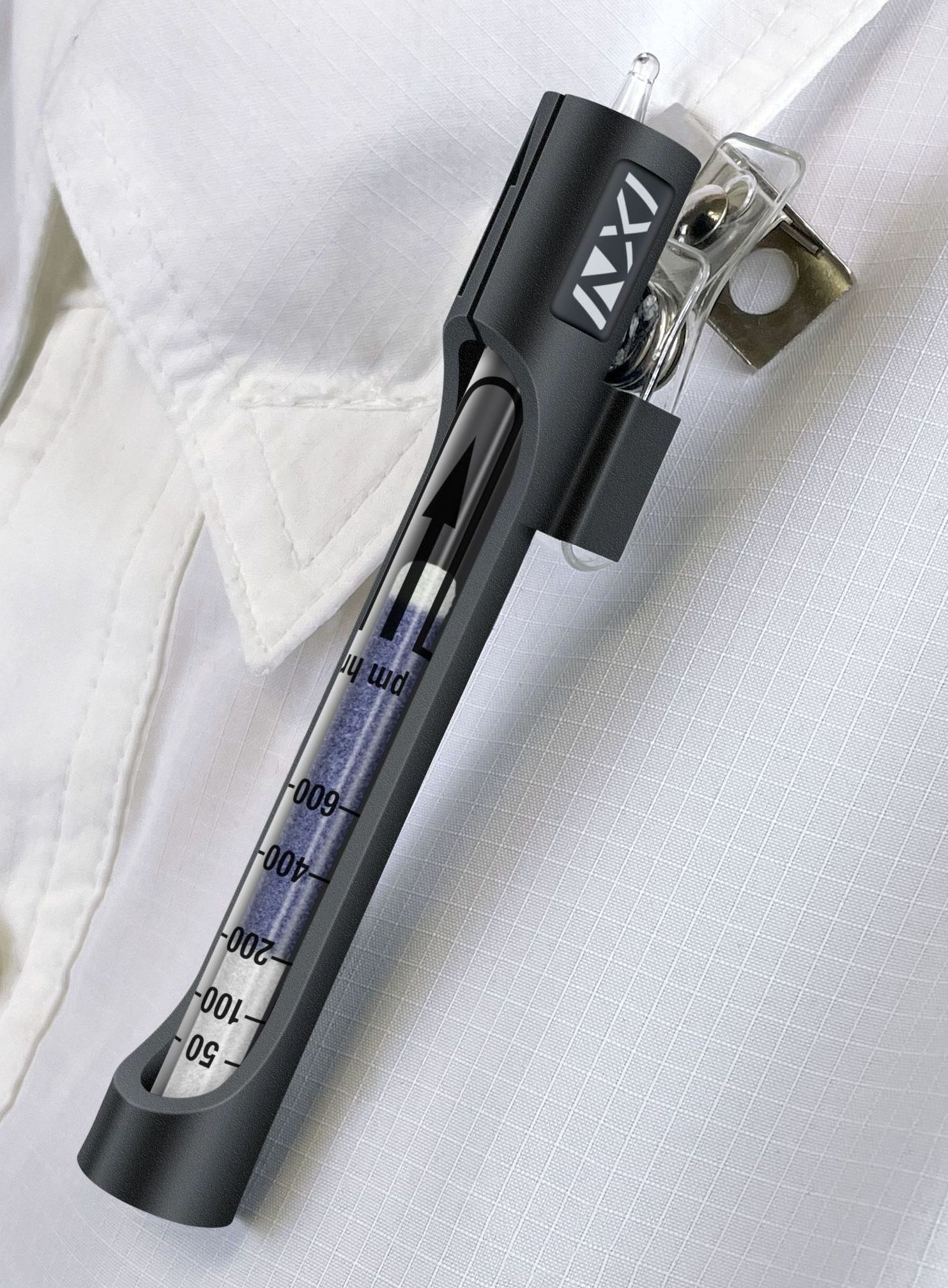 The Nextteq® dosimeter tube holder is clipped easily to workers’ clothing for true breathing zone measurements.
