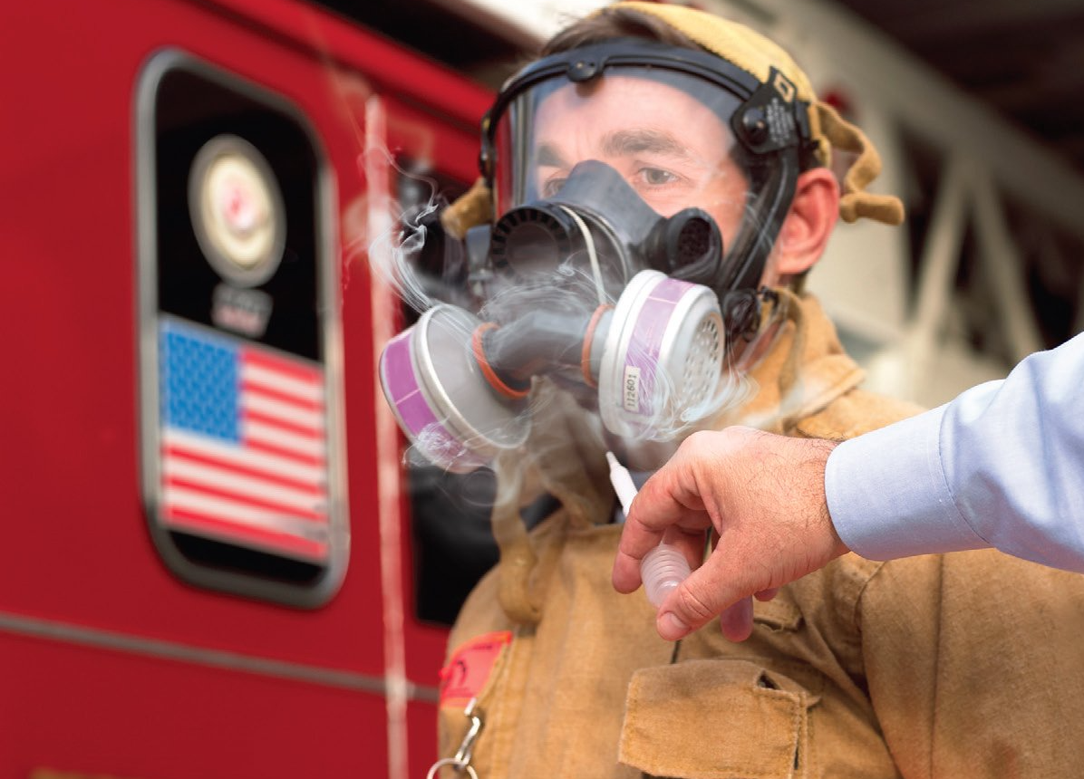 A fireman being fit tested using a Nextteq Irritant Smoke Generator.
