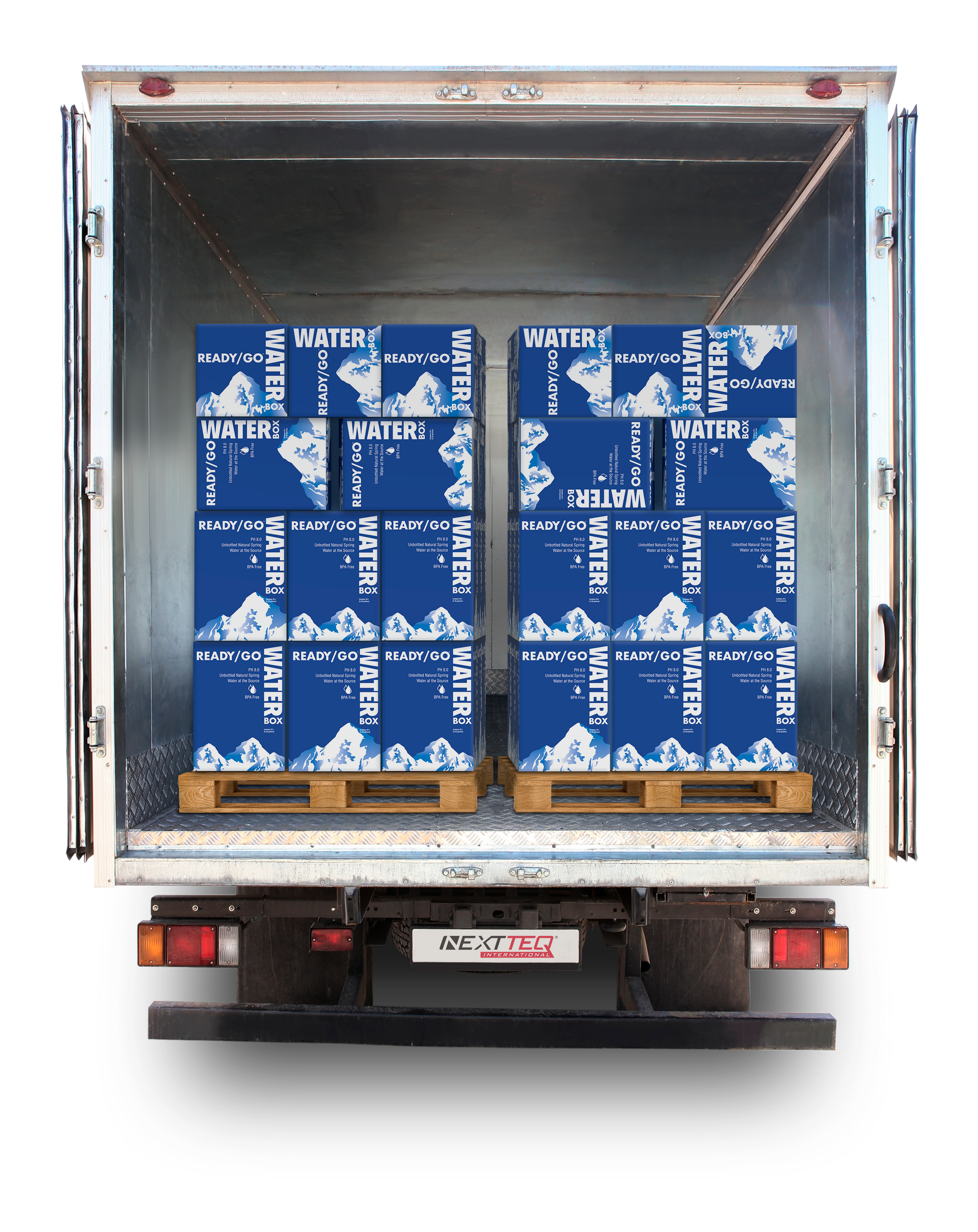 A semi-trailer truck delivering pallets of Ready/Go® Water Boxes.