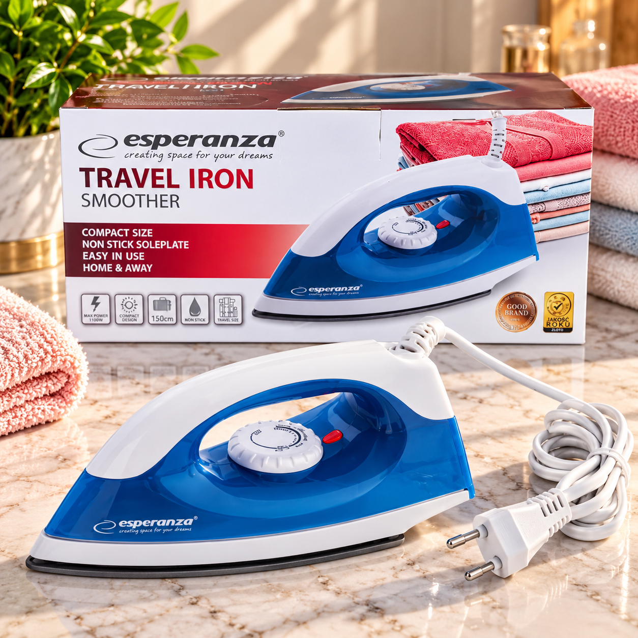Esperanza Reisstrijkijzer – Compact & Handig – Blauw/Wit