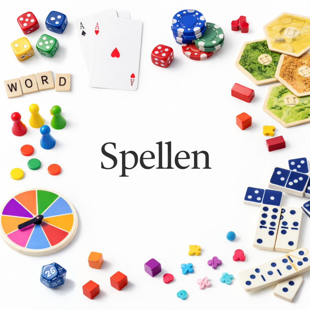 Spelstukken, dobbelstenen en woordtegels rond het woord