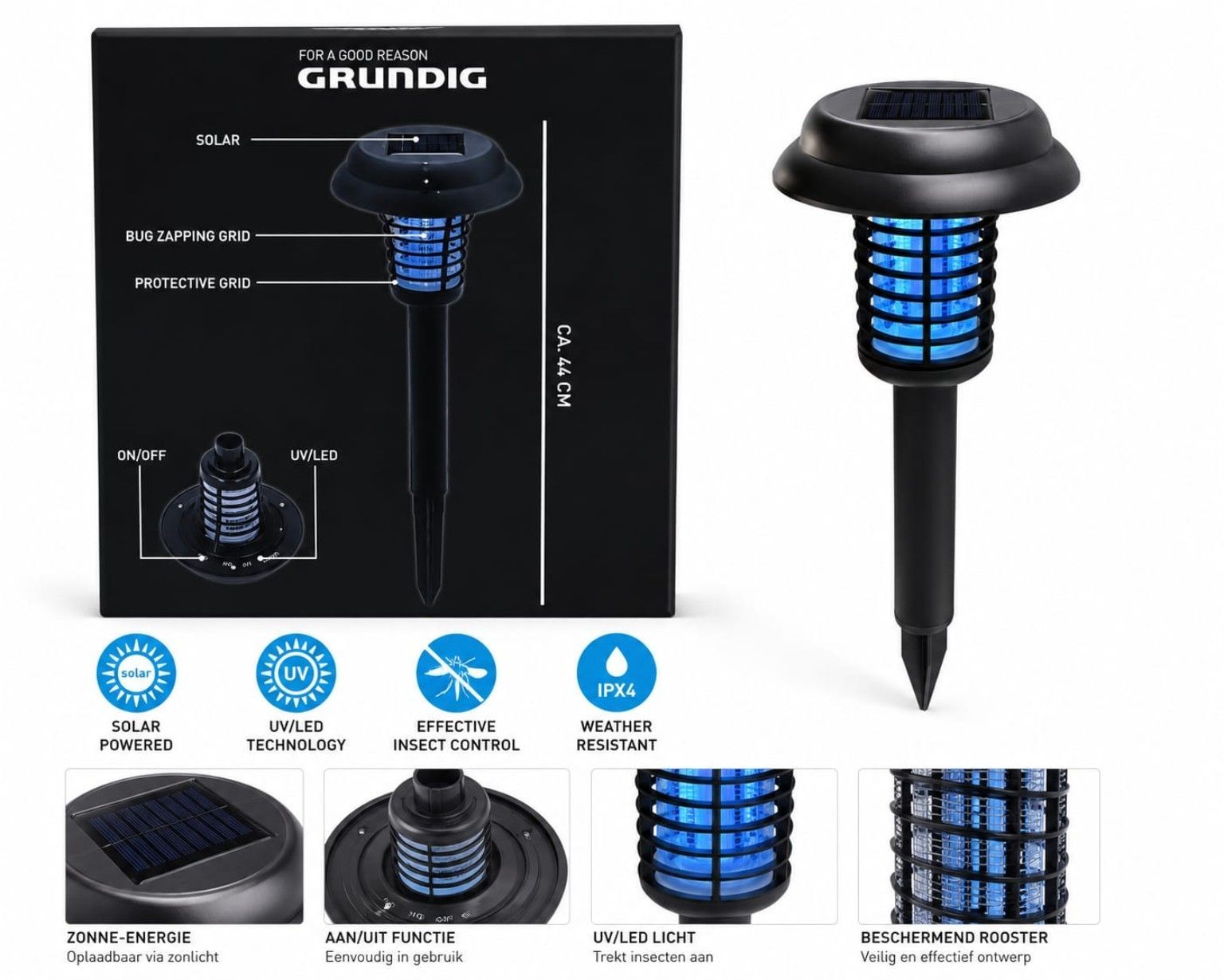 Grundig 2-in-1 Solar Insectenverdelger & Tuinlamp – 44 cm