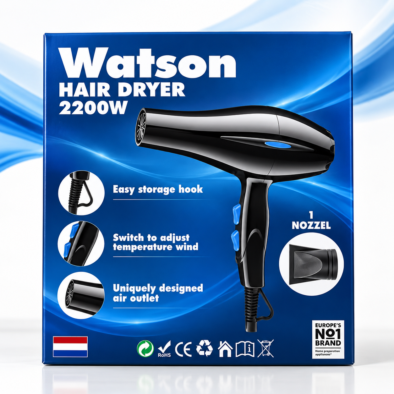Watson Föhn 2200W – Zwart/Blauw – Krachtige Haardroger
