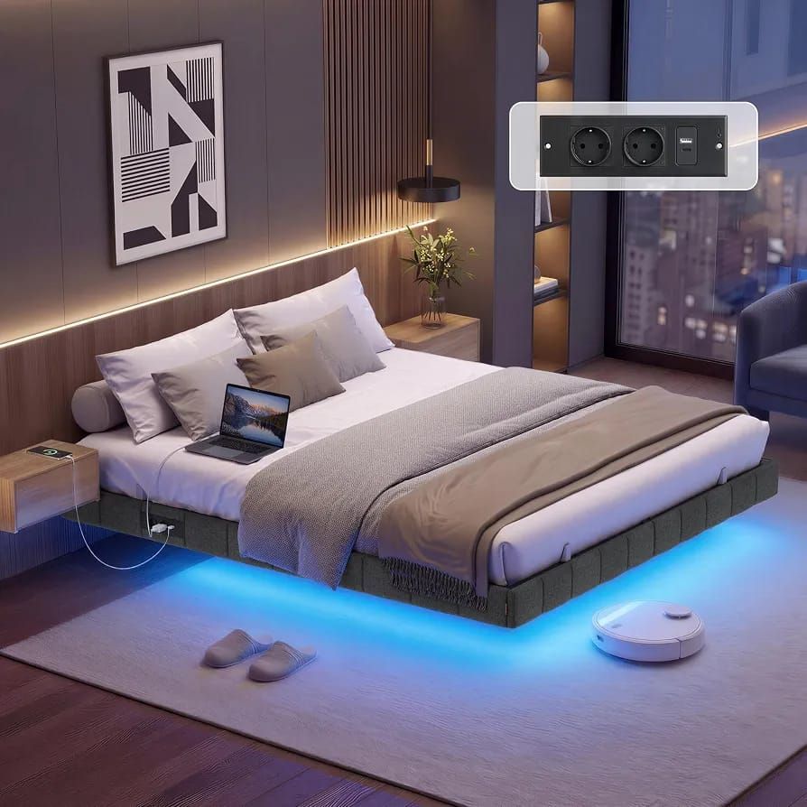 Tweepersoons Bed frame 160 × 200 cm – RGB LED-verlichting – Grijs Gestoffeerd