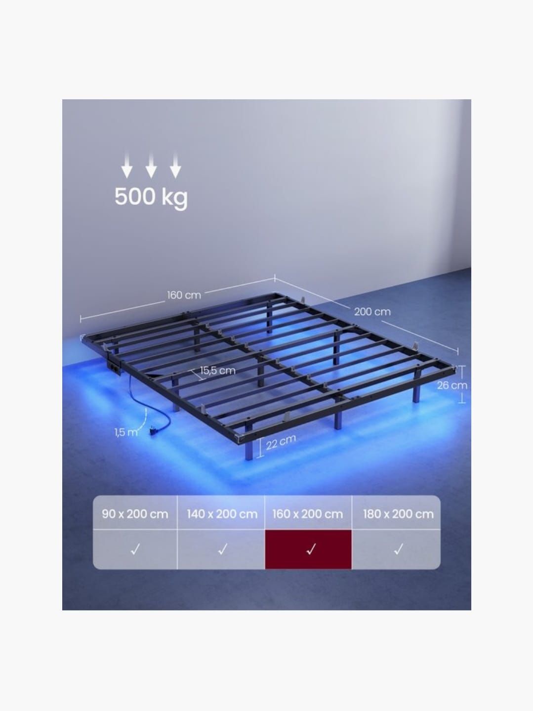 Tweepersoons Bed frame 160 × 200 cm – RGB LED-verlichting – Grijs Gestoffeerd