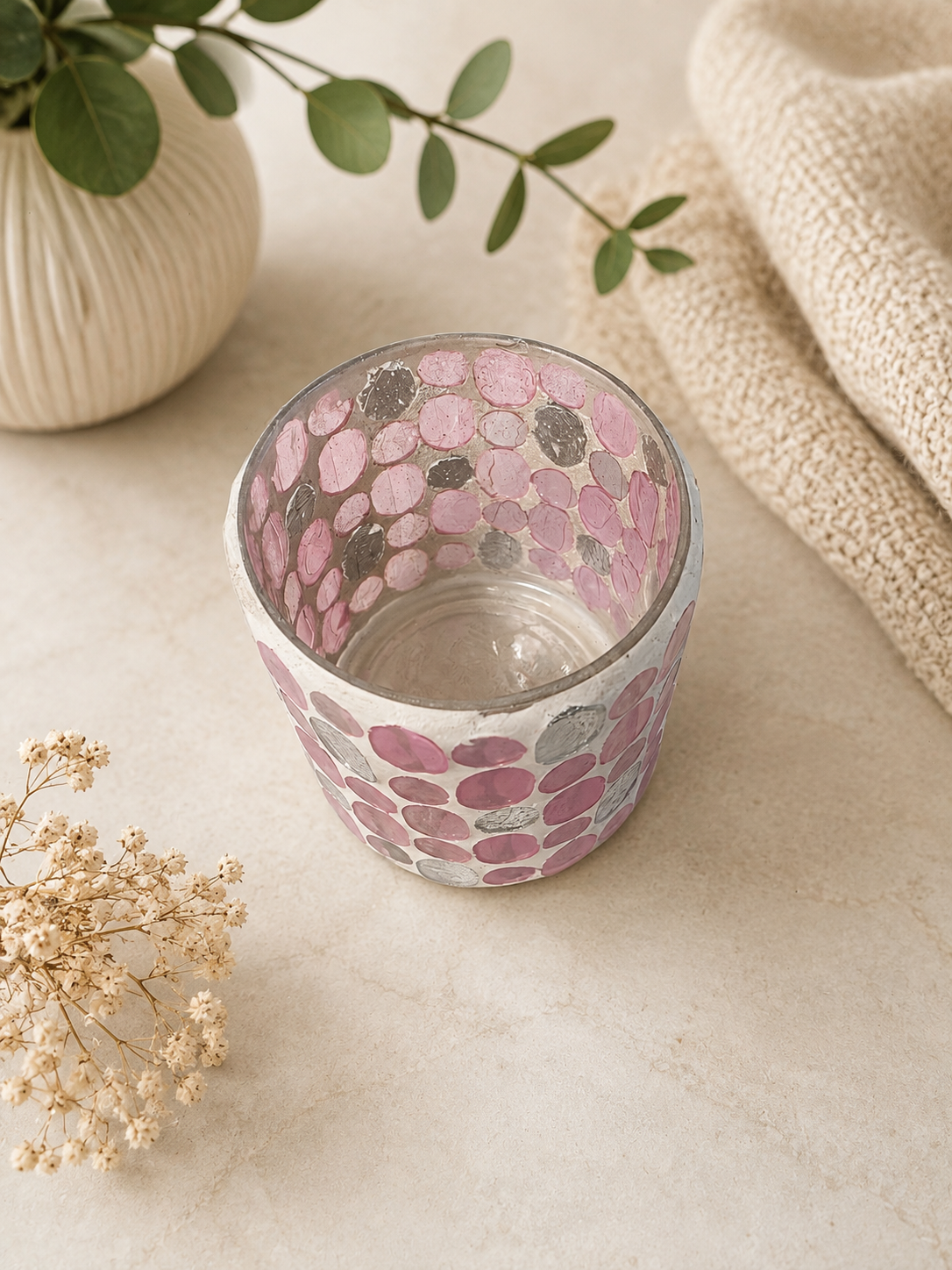 Mozaïek Waxinelichthouder Roze/Zilver
