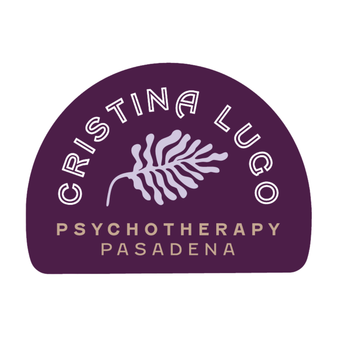 Purple logo for Cristina Lugo Psychotherapy Pasadena with white leaf emblem and circular text