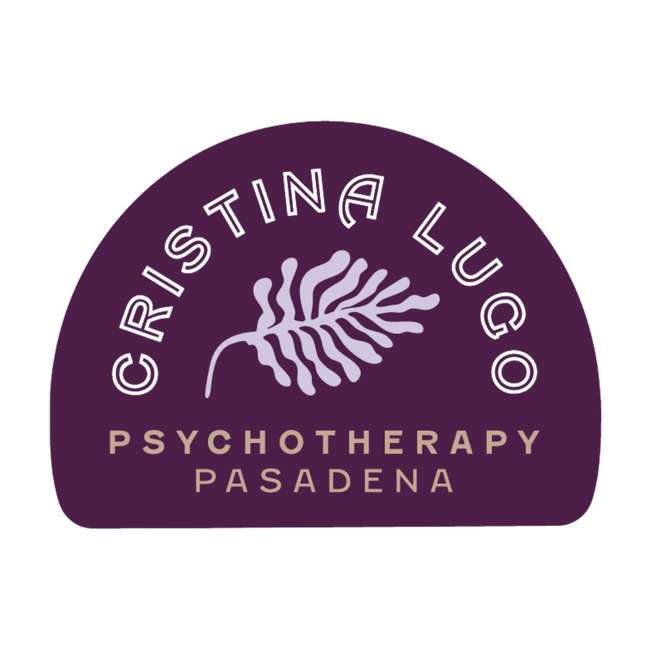 Purple logo for Cristina Lugo Psychotherapy Pasadena with white leaf emblem and circular text