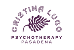 Cristina Luco Psychotherapy Pasadena logo with a purple fern-like emblem and text on white