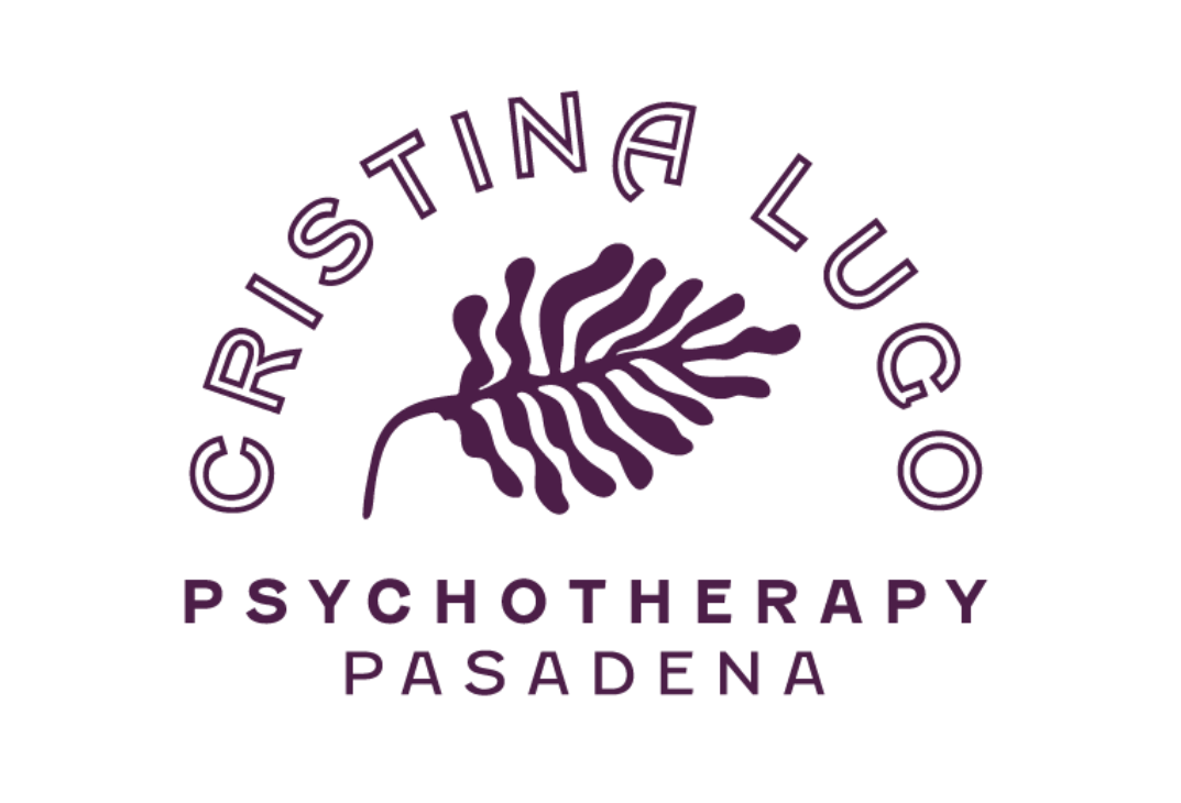 Cristina Luco Psychotherapy Pasadena logo with a purple fern-like emblem and text on white