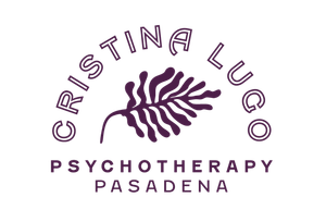 Cristina Luco Psychotherapy Pasadena logo with a purple fern-like emblem and text on white
