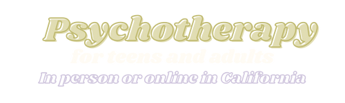 Stylized “Psychotherapy” text with subtitle “In person or online in California” on a light background