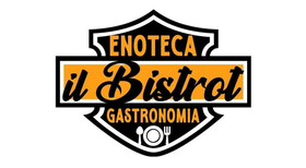 Logo nero e arancione “Enoteca il Bistrò Gastronomia” con uno scudo e un’icona di posate