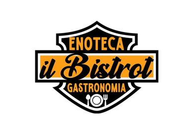 Logo di Enoteca Il Bistròt Gastronomia nei colori nero, arancione e bianco, con uno scudo e delle posate