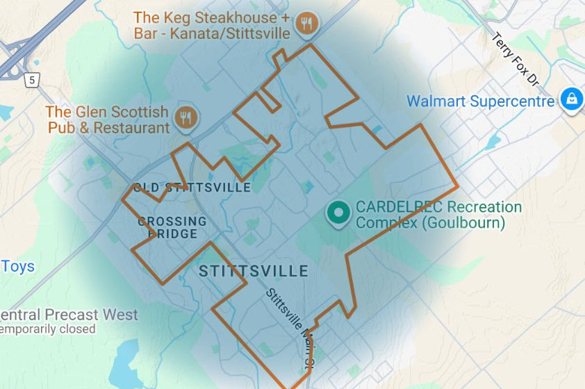 Map of Stittsville with neighborhood boundaries highlighted in orange on a light blue background