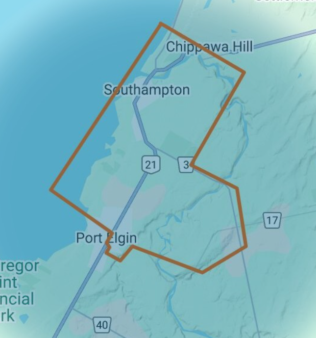Map with an orange outlined route around Southampton, Chippawa Hill, and Port Elgin.